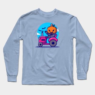 Cute Pumpkin Vampire Driving Tractor Cartoon Long Sleeve T-Shirt